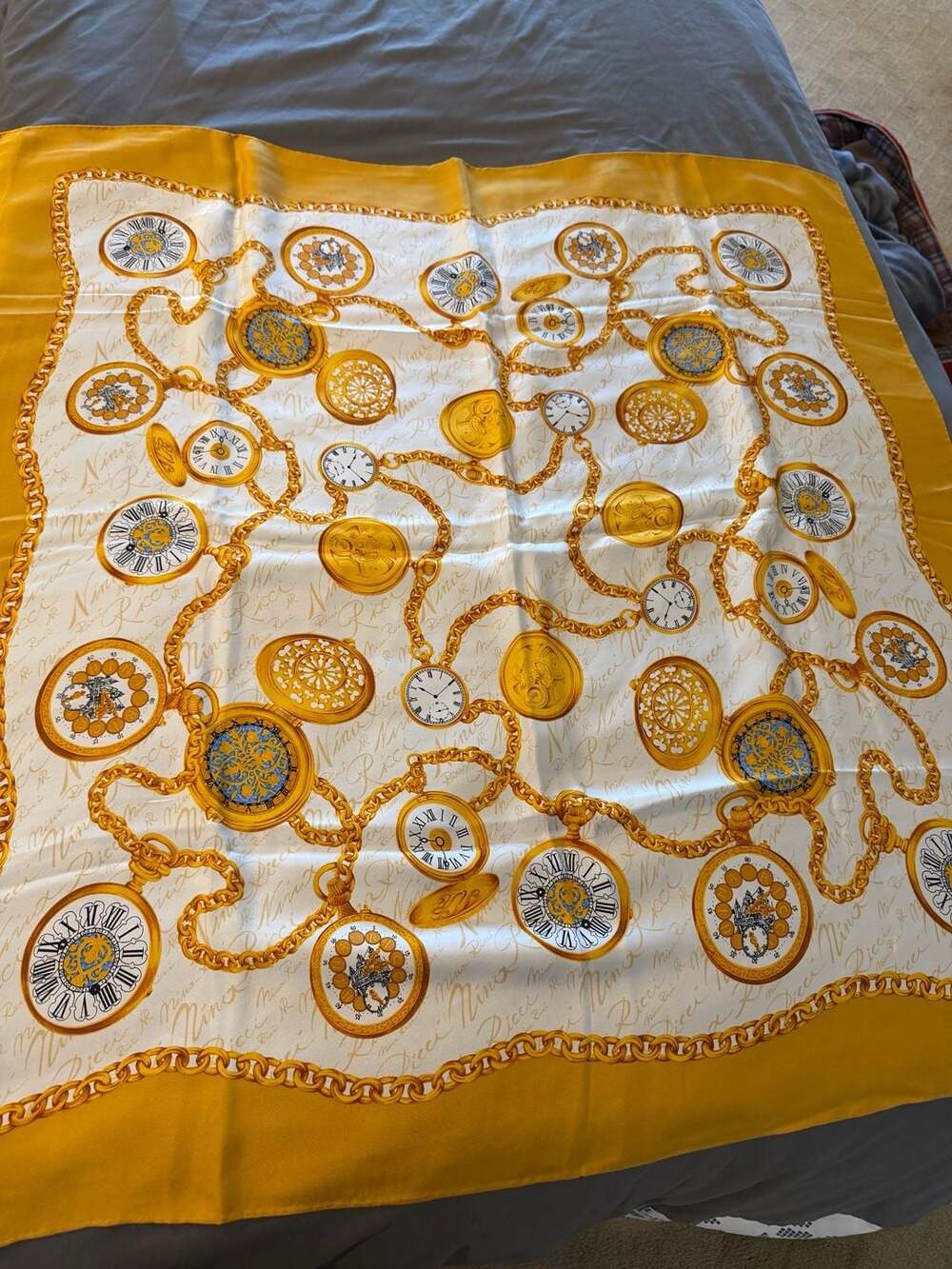 Nina Ricci Vintage Pocket Watch Chain Silk Scarf Gold White